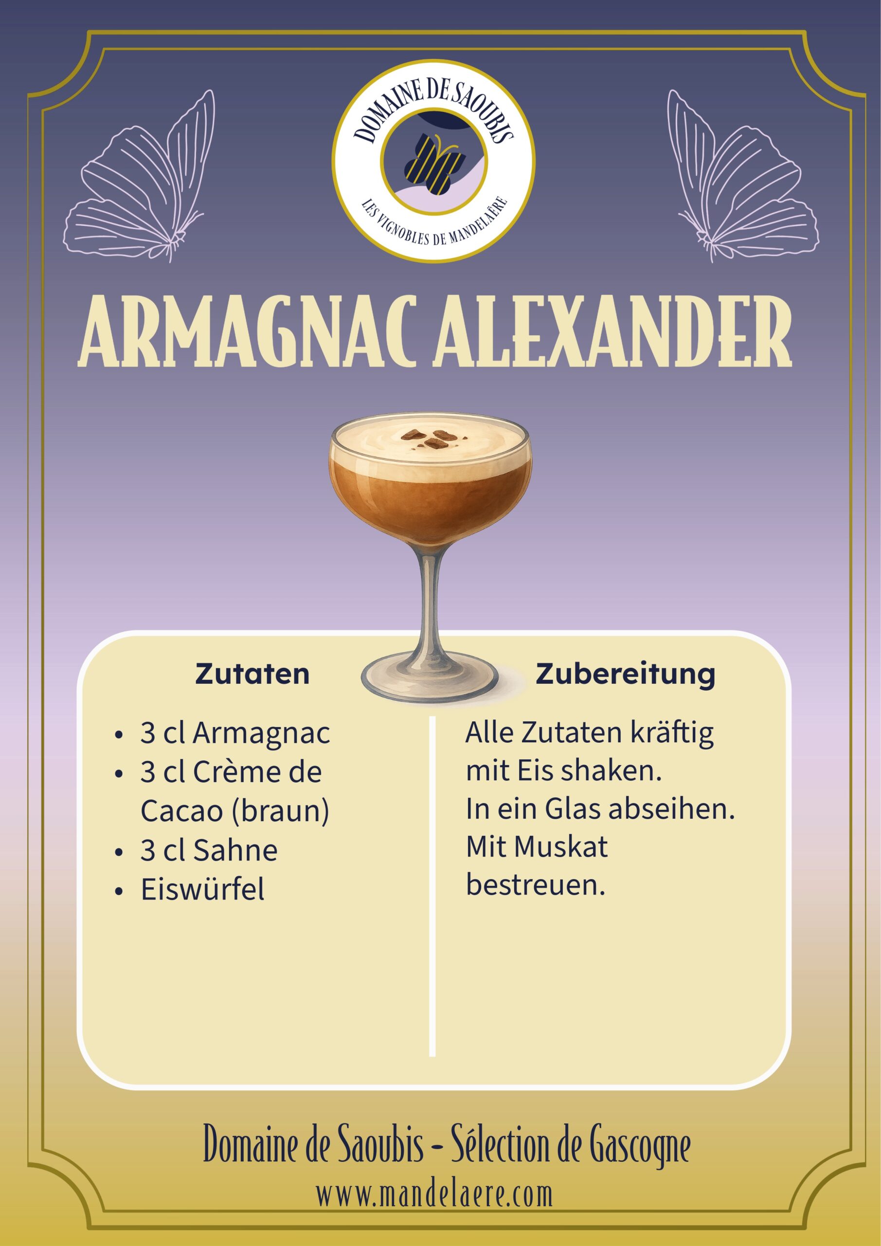 Armagnac Alexander Cocktail – cremiger Drink mit Armagnac, Crème de Cacao und Sahne, serviert im Cocktailglas