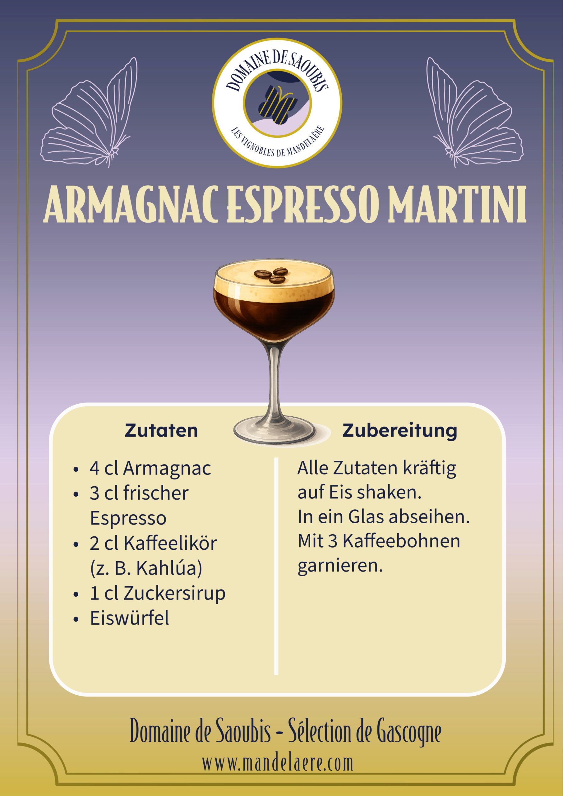 Armagnac Espresso Martini – eleganter Cocktail mit Armagnac, Espresso und Kaffeelikör im Martiniglas, garniert mit Kaffeebohnen