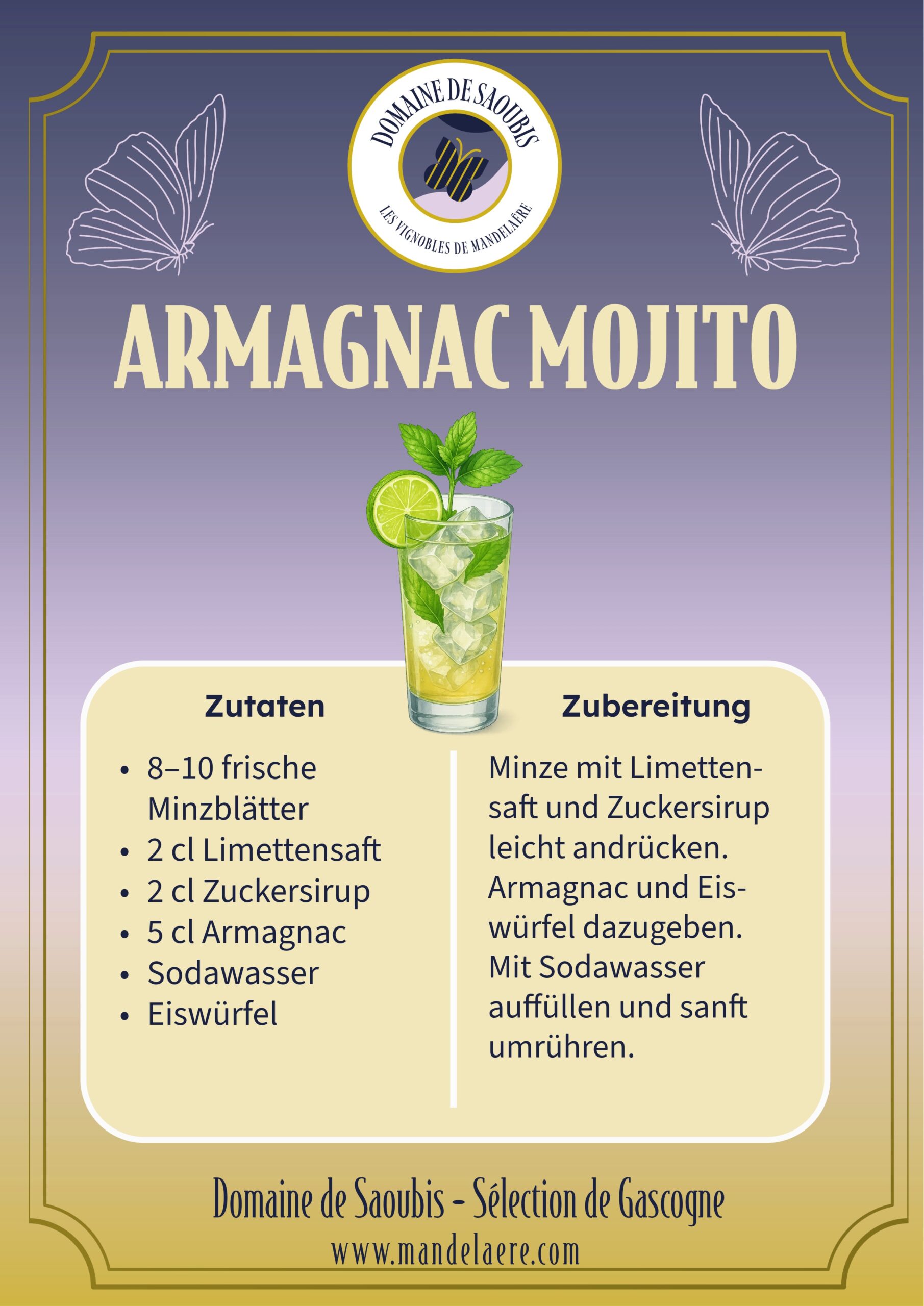 Armagnac Mojito – erfrischender Cocktail mit Armagnac, Minze, Limettensaft und Sodawasser im Longdrink-Glas