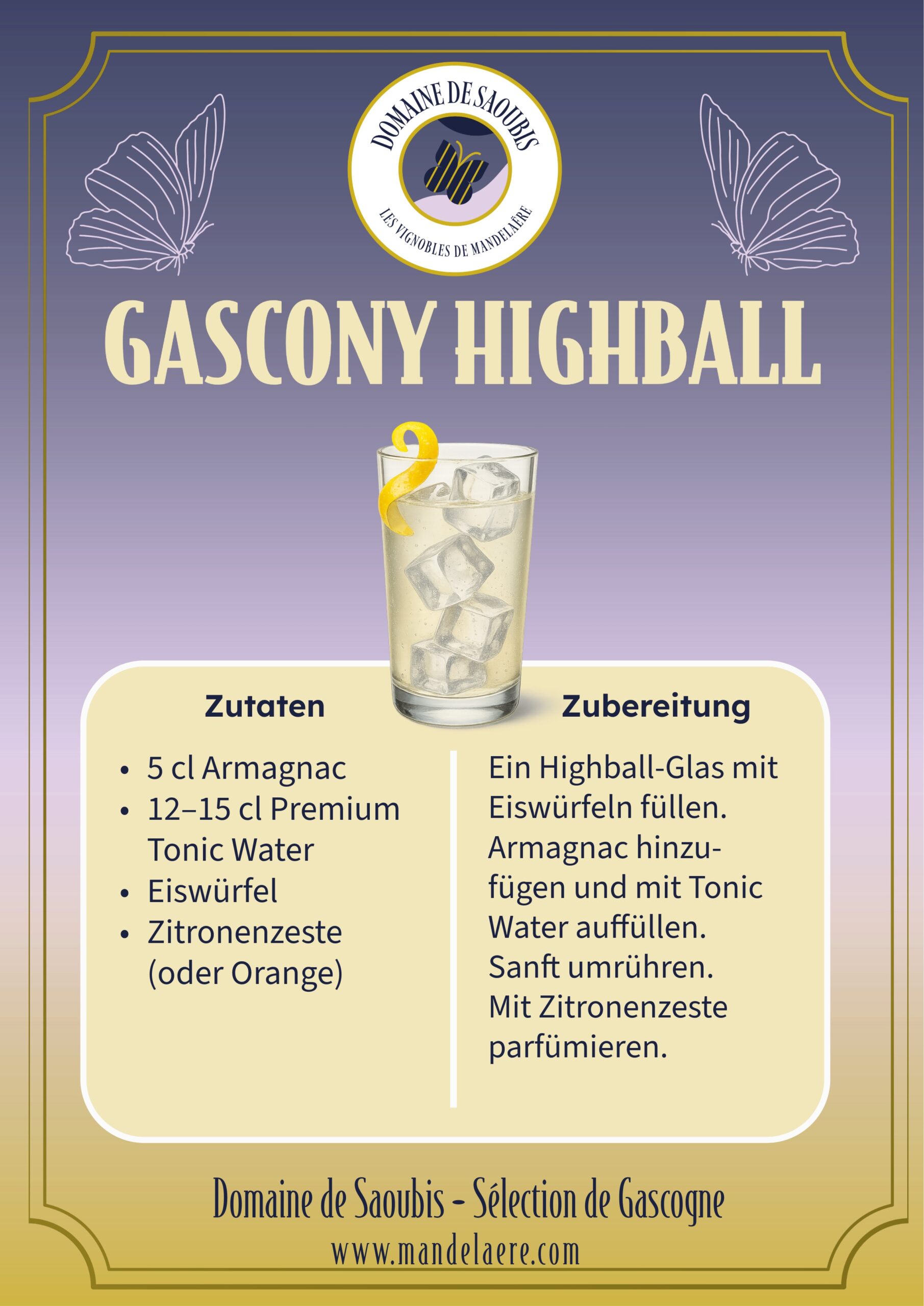 Gascony Highball Cocktail mit Armagnac, Tonic Water, Eiswürfeln und Zitronenzeste – erfrischender Longdrink aus der Gascogne