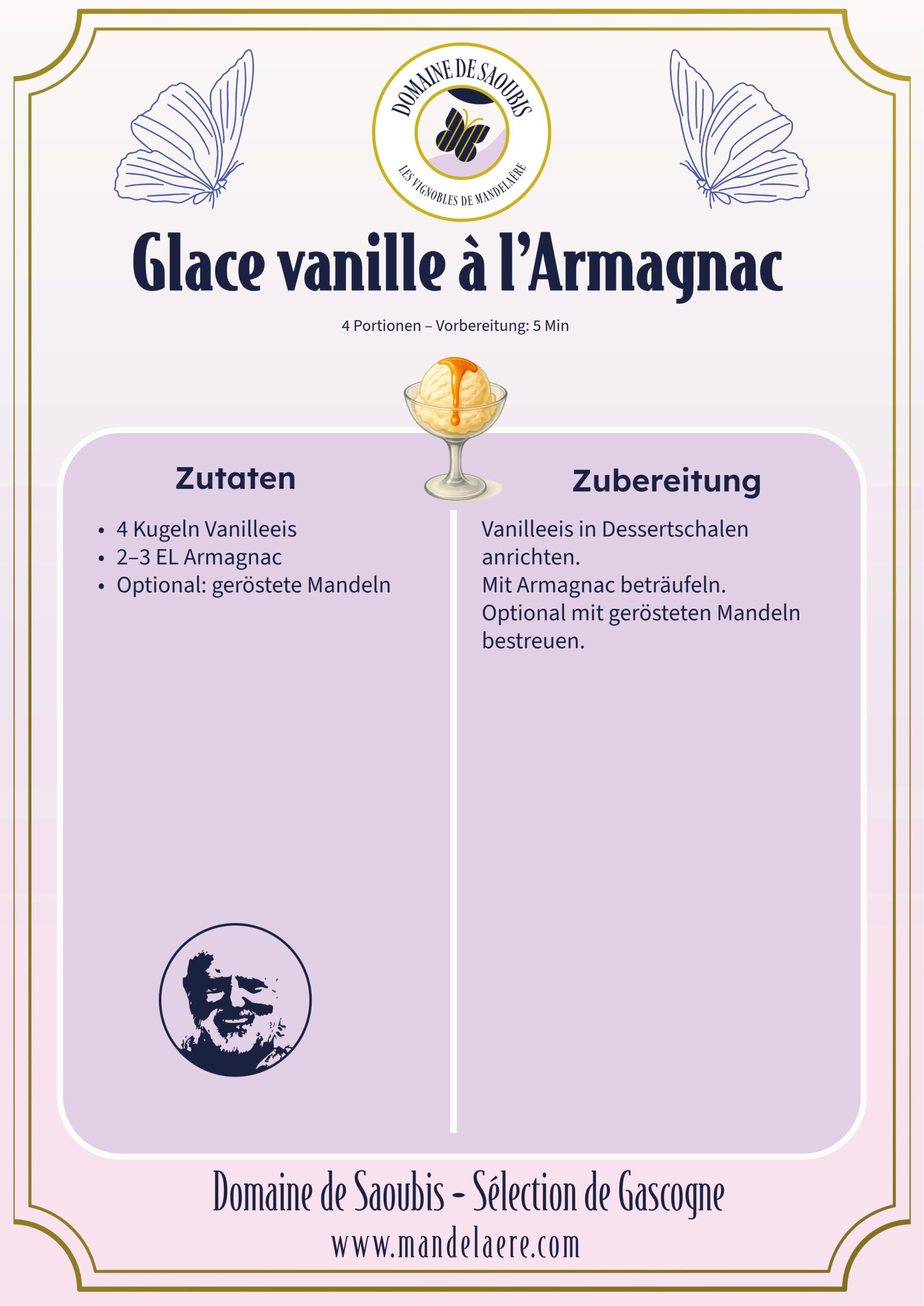 Glace vanille à l’Armagnac – französisches Dessert mit Vanilleeis, Armagnac und gerösteten Mandeln